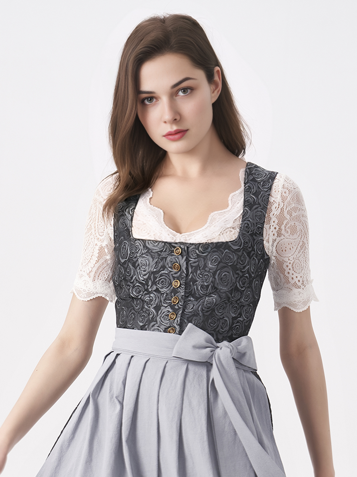 Rotes Samt-Dirndl mit blauen Akzenten